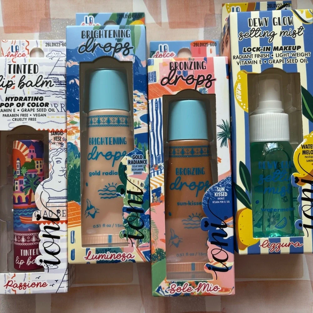 Bundle of Dewy Glow Setting Mist, a brightening & Bronzing Drops, and Lip Balm